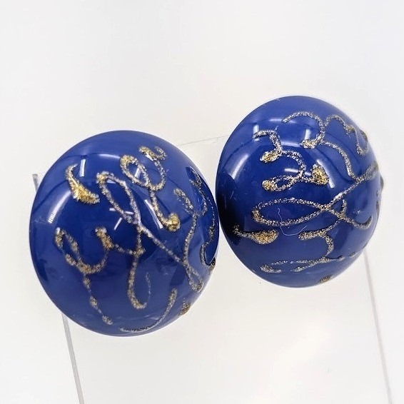 Vintage 1986 Avon Earrings Domed Cobalt Blue Golden Splatter Metallic 80s Office